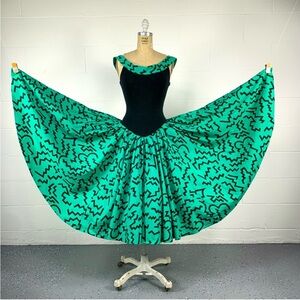 Vintage Karen Alexander Green Geometric 80s Printed Dress with low back and bow